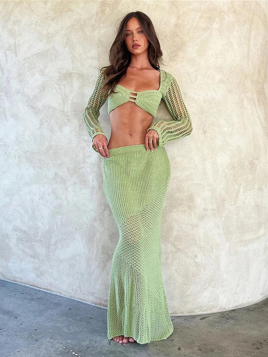 Hirigin Women's Crochet Knit 2 Piece Skirt Set Outfits