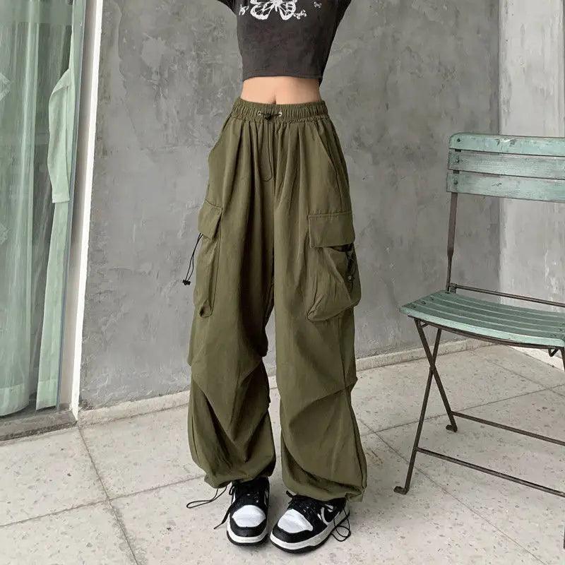 Back to School Women's New American Hip-Hop Wide-Leg Large Pockets Drawstring Work Pants High Street Casual Sports Pants
