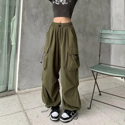 Back to School Women's New American Hip-Hop Wide-Leg Large Pockets Drawstring Work Pants High Street Casual Sports Pants