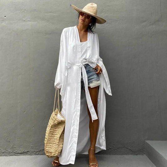 Solid Beach Cover Up Women Self Belted Wrap Kimono Dress