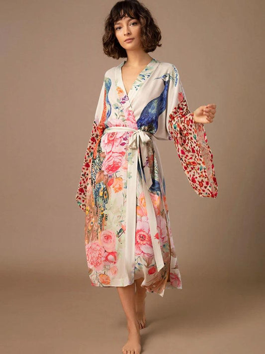 Beach Kimono for Women Peacock Printed Cover Up Dress