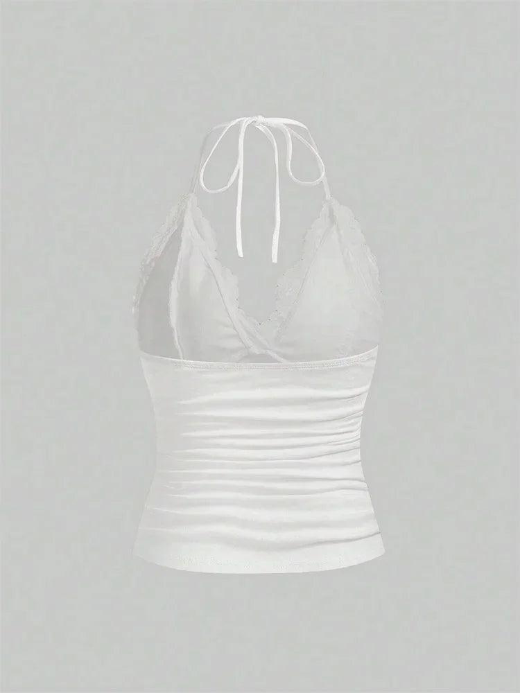 Goth Grunge Punk Black Lace Patchwork Halter Top Women Summer Solid Ruched Backless Sleeveless Tank Top Streetwear Y2K Clothes