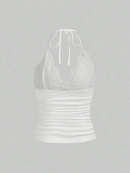 Goth Grunge Punk Black Lace Patchwork Halter Top Women Summer Solid Ruched Backless Sleeveless Tank Top Streetwear Y2K Clothes