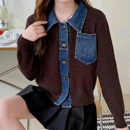 Small Spring Autumn Outerwears Female Jeans Coat Short Black Patchwork Crop Women's Denim Jackets Knitted 2024 New Collection In