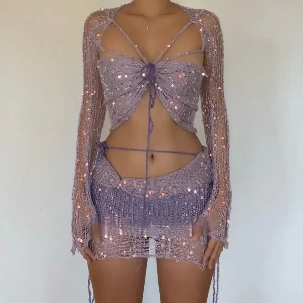 Crochet Knitted Dress Two Piece Skirt Sets 2023 Winter