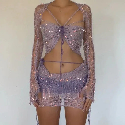 Crochet Knitted Dress Two Piece Skirt Sets 2023 Winter