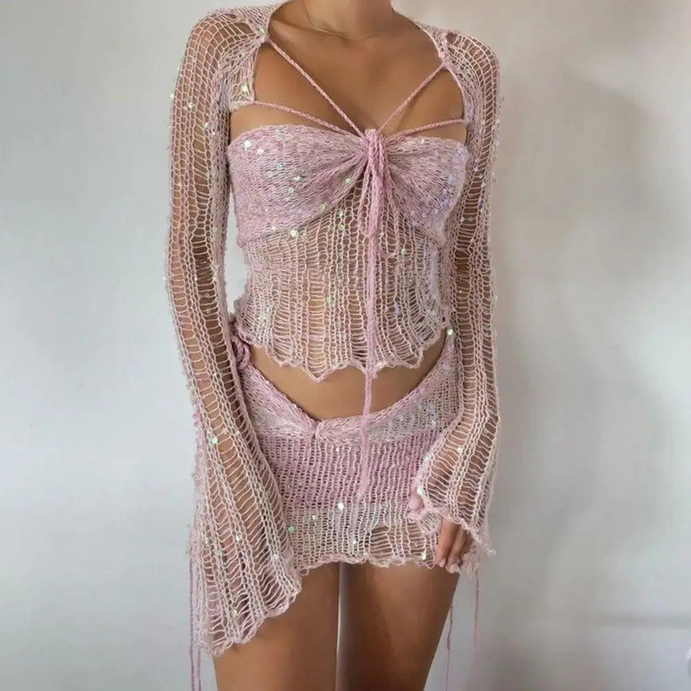 Crochet Knitted Dress Two Piece Skirt Sets 2023 Winter - Pink / M