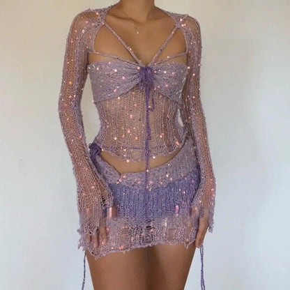 Crochet Knitted Dress Two Piece Skirt Sets 2023 Winter - Purple / M