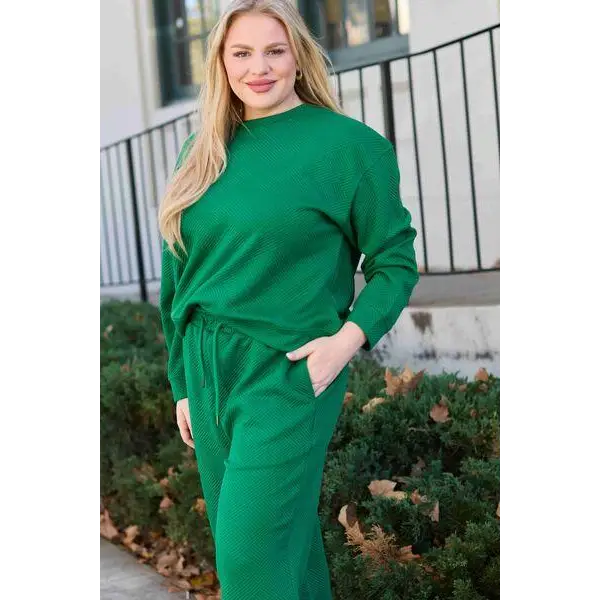 Double Take Full Size Textured Long Sleeve Top Set and Pants