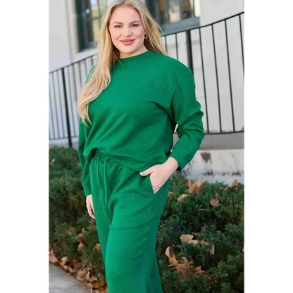 Double Take Full Size Textured Long Sleeve Top Set and Pants