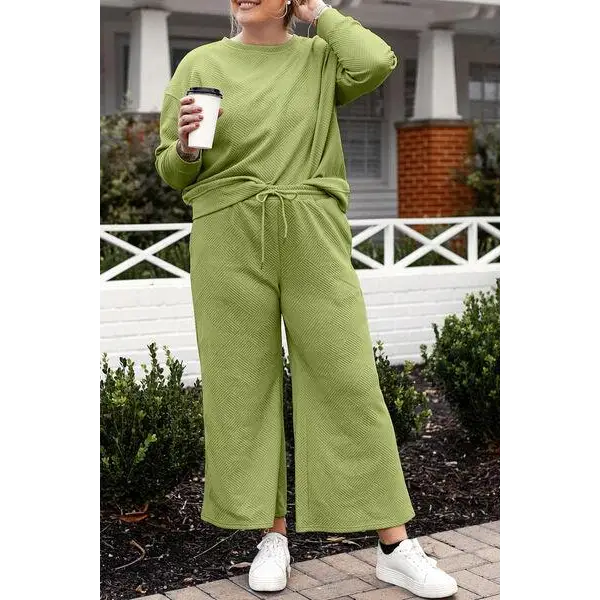 Double Take Full Size Textured Long Sleeve Top Set and Pants