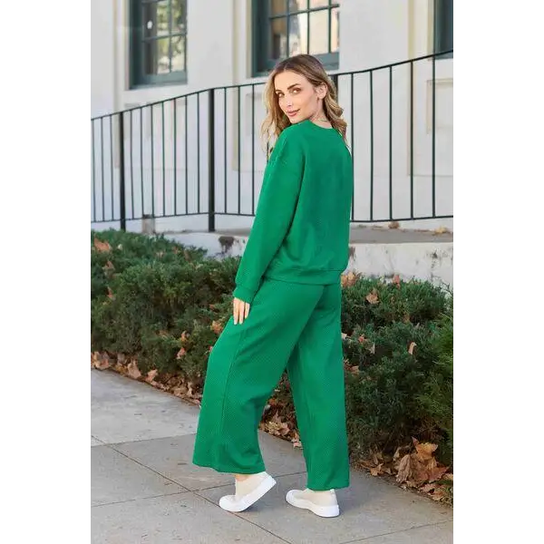 Double Take Full Size Textured Long Sleeve Top Set and Pants