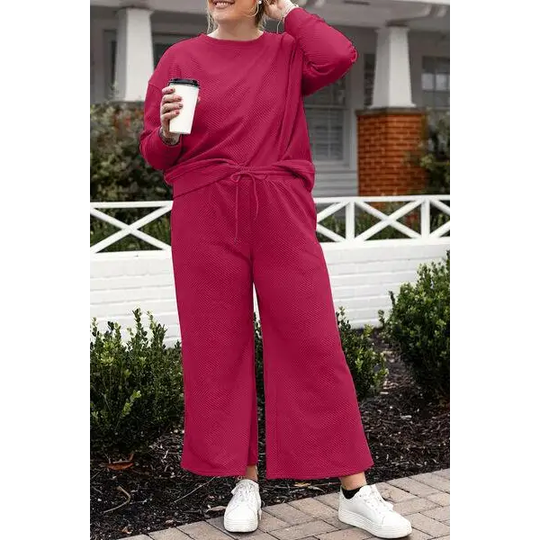 Double Take Full Size Textured Long Sleeve Top Set and Pants