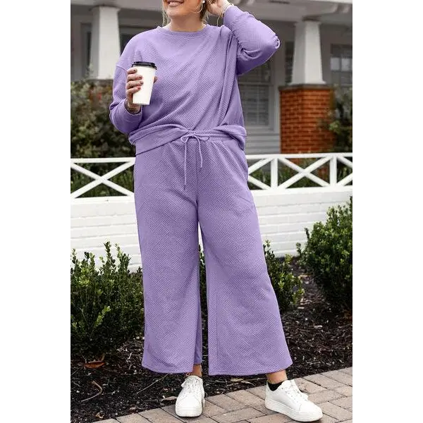 Double Take Full Size Textured Long Sleeve Top Set and Pants