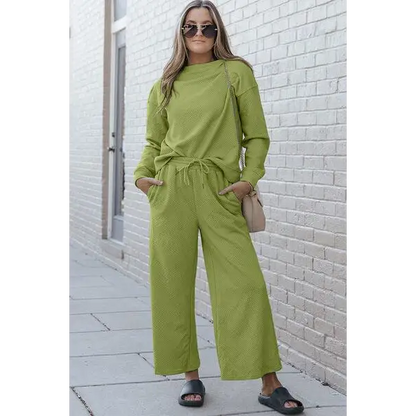 Double Take Full Size Textured Long Sleeve Top Set and Pants - Yellow-Green / S