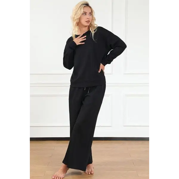 Double Take Full Size Textured Long Sleeve Top Set and Pants