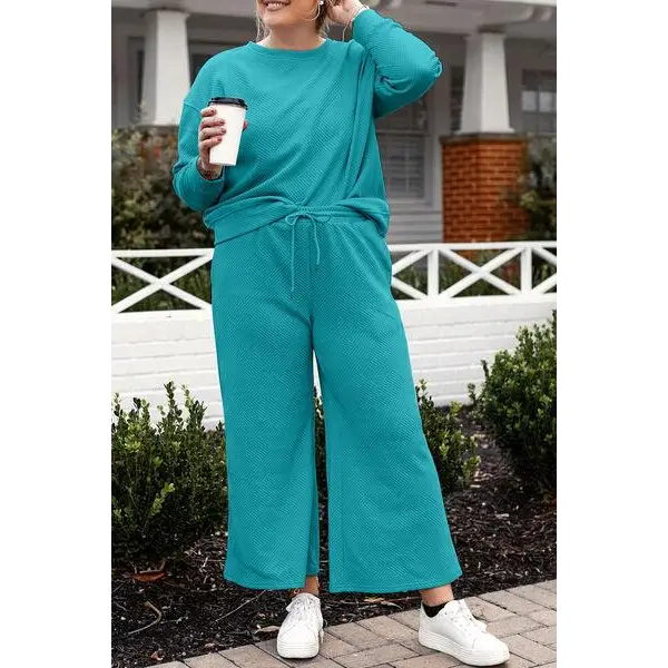 Double Take Full Size Textured Long Sleeve Top Set and Pants