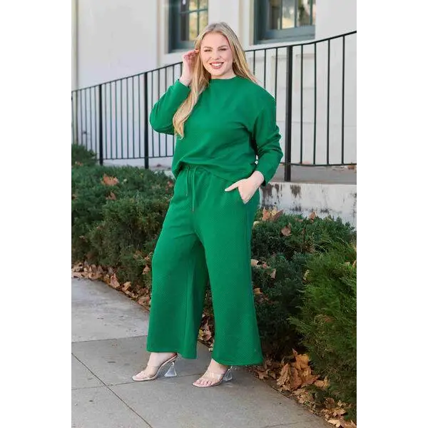 Double Take Full Size Textured Long Sleeve Top Set and Pants