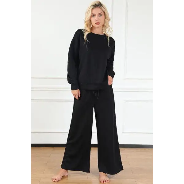 Double Take Full Size Textured Long Sleeve Top Set and Pants - Black / XL
