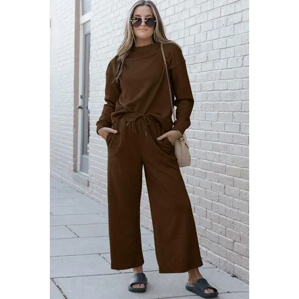 Double Take Full Size Textured Long Sleeve Top Set and Pants - Brown / M