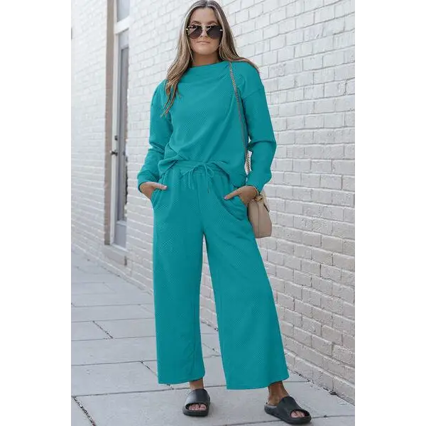 Double Take Full Size Textured Long Sleeve Top Set and Pants - Cerulean / S