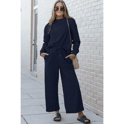 Double Take Full Size Textured Long Sleeve Top Set and Pants - Dark Blue / 2XL
