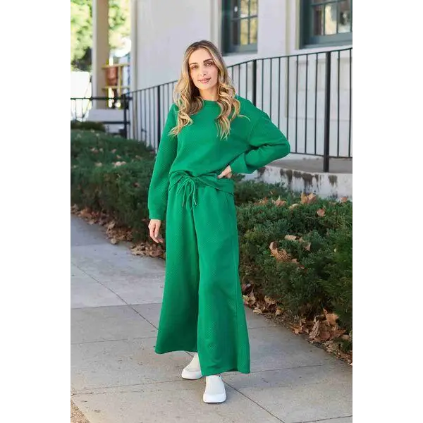 Double Take Full Size Textured Long Sleeve Top Set and Pants - Green / S