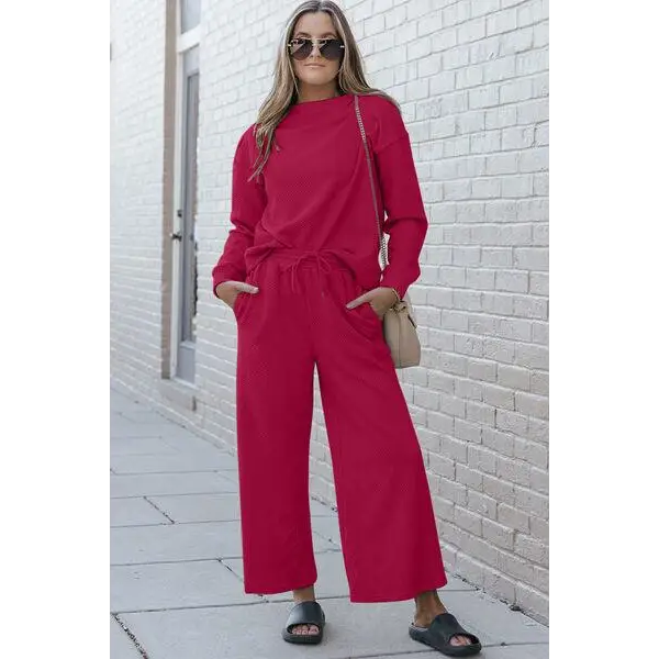 Double Take Full Size Textured Long Sleeve Top Set and Pants - Hot Pink / S