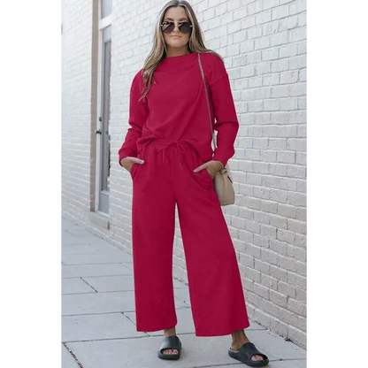 Double Take Full Size Textured Long Sleeve Top Set and Pants - Hot Pink / S