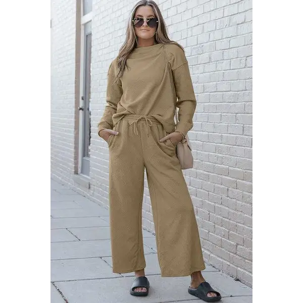 Double Take Full Size Textured Long Sleeve Top Set and Pants - Khaki / 3XL