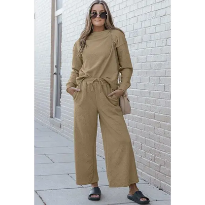 Double Take Full Size Textured Long Sleeve Top Set and Pants - Khaki / 3XL