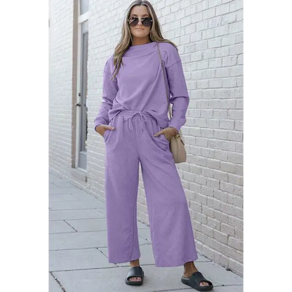 Double Take Full Size Textured Long Sleeve Top Set and Pants - Lavender / S