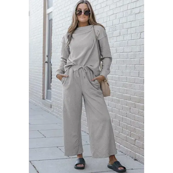 Double Take Full Size Textured Long Sleeve Top Set and Pants - Light Gray / 2XL