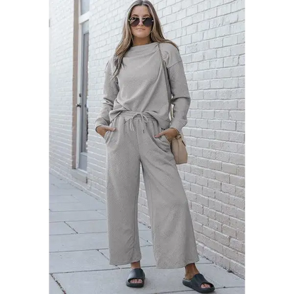 Double Take Full Size Textured Long Sleeve Top Set and Pants - Light Gray / 2XL