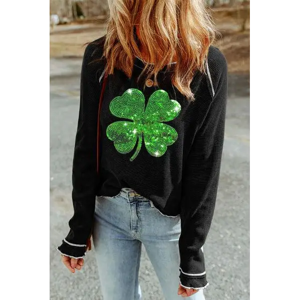 Sequin Lucky Clover Lettuce Trim Long Sleeve Top for Women
