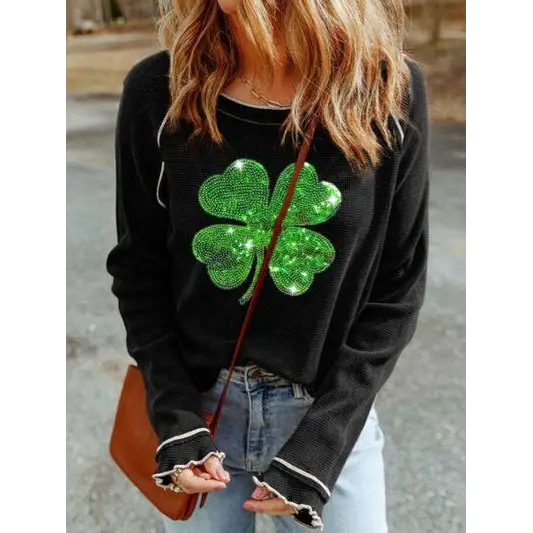 Sequin Lucky Clover Lettuce Trim Long Sleeve Top for Women - Black / S