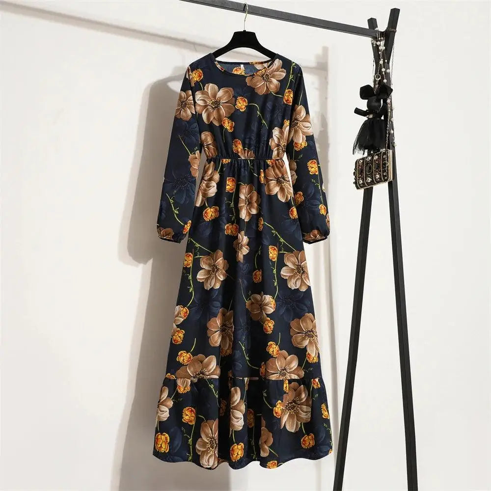 Spring Summer Women Maxi Dresses Casual Floral Printed O-neck Dress - 20 / M