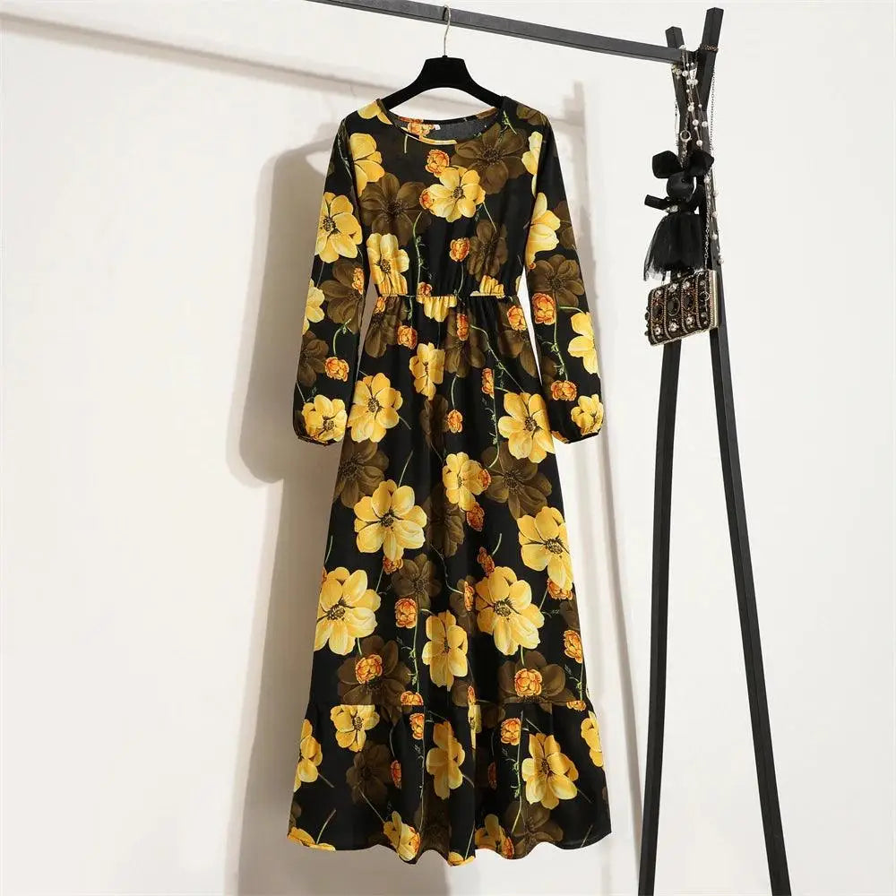 Spring Summer Women Maxi Dresses Casual Floral Printed O-neck Dress - 19 / L