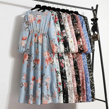 Spring Summer Women Maxi Dresses Casual Floral Printed O-neck Dress