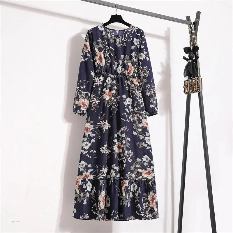 Spring Summer Women Maxi Dresses Casual Floral Printed O-neck Dress - 10 / XL