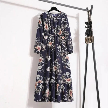 Spring Summer Women Maxi Dresses Casual Floral Printed O-neck Dress - 10 / XL