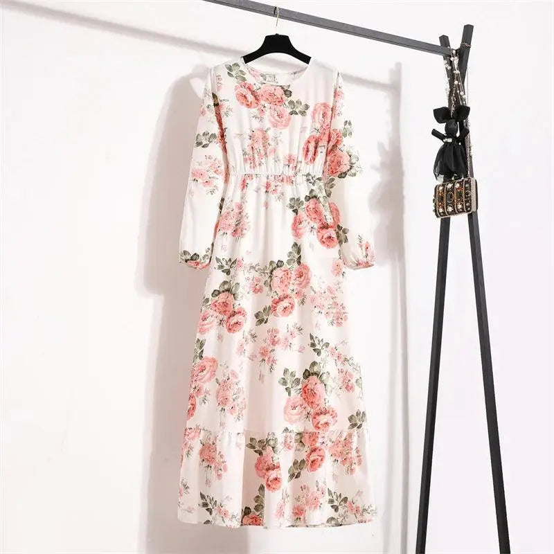 Spring Summer Women Maxi Dresses Casual Floral Printed O-neck Dress - 2 / XL
