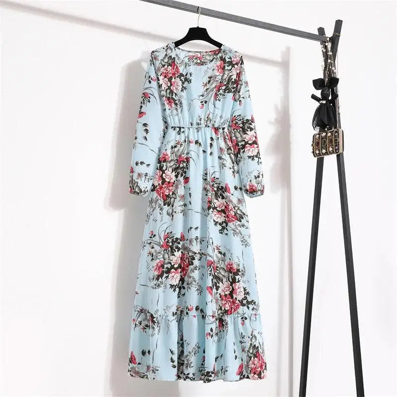 Spring Summer Women Maxi Dresses Casual Floral Printed O-neck Dress - 3 / XL