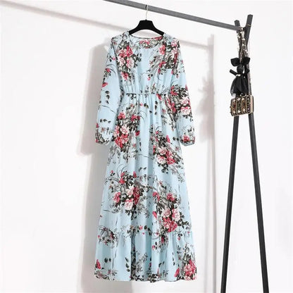 Spring Summer Women Maxi Dresses Casual Floral Printed O-neck Dress - 3 / XL