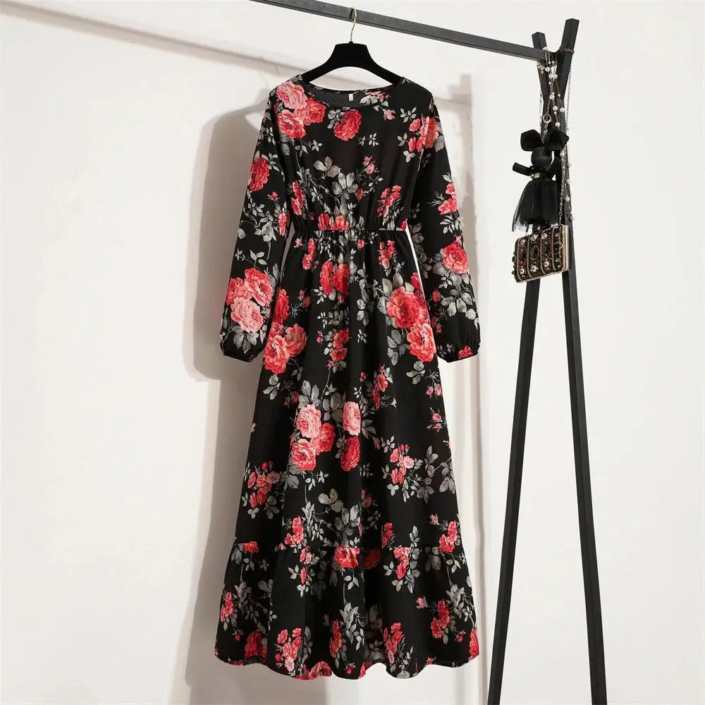 Spring Summer Women Maxi Dresses Casual Floral Printed O-neck Dress - 21 / XL
