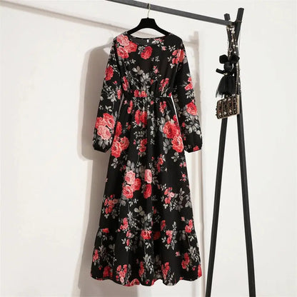 Spring Summer Women Maxi Dresses Casual Floral Printed O-neck Dress - 21 / XL