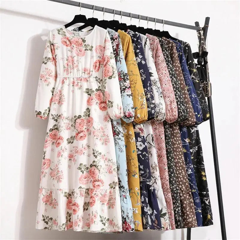 Spring Summer Women Maxi Dresses Casual Floral Printed O-neck Dress