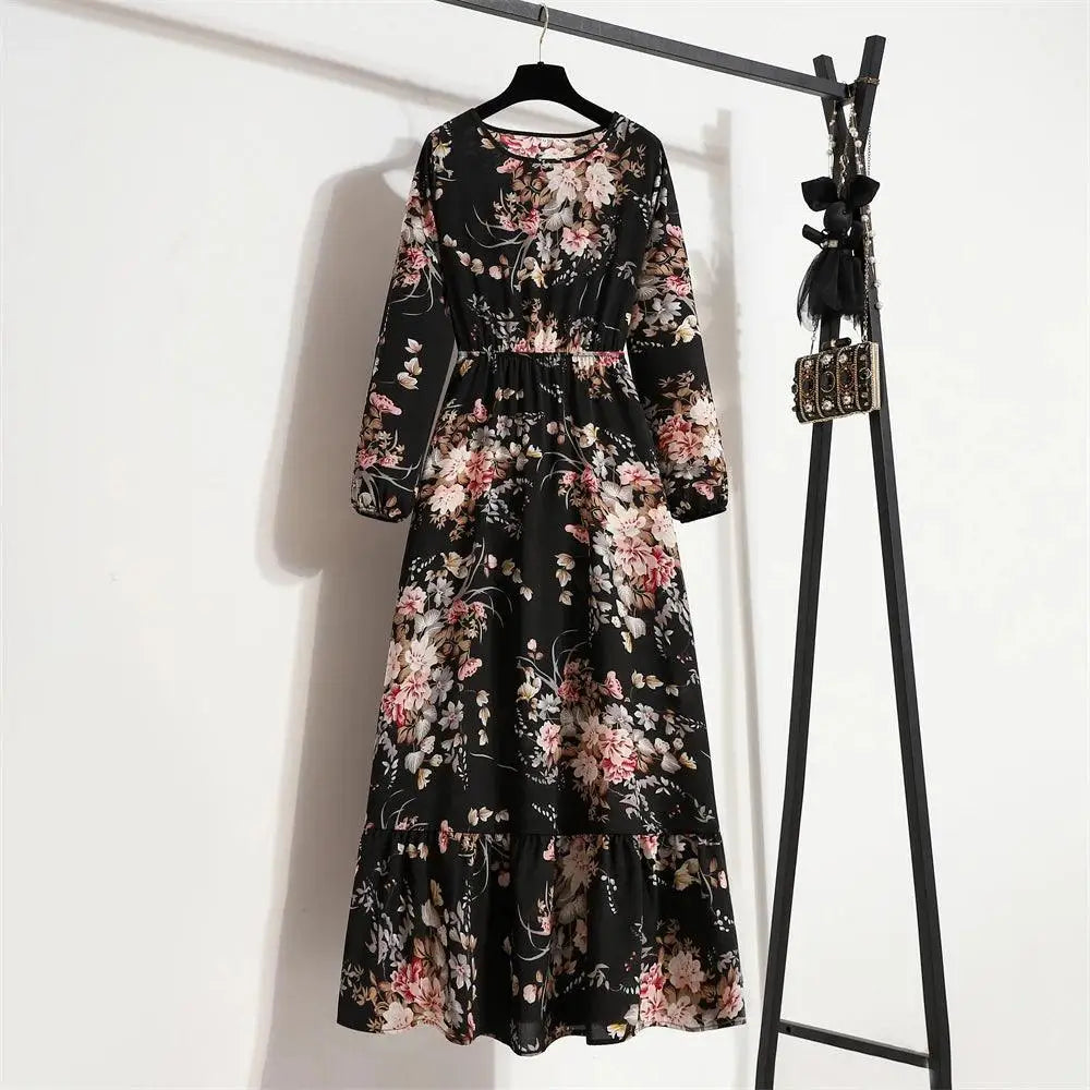 Spring Summer Women Maxi Dresses Casual Floral Printed O-neck Dress - 18 / L