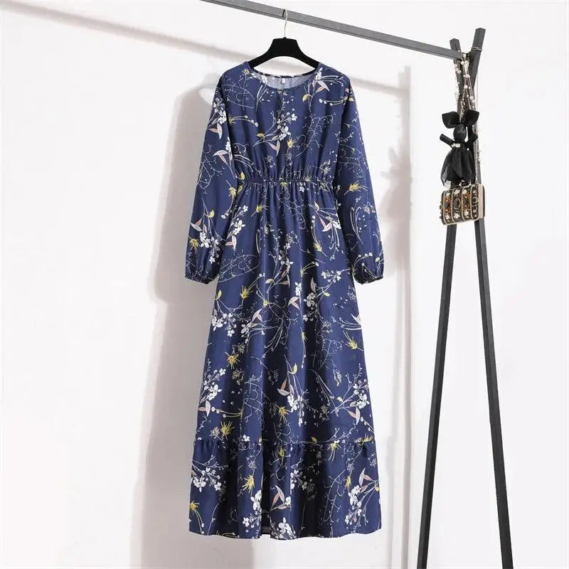 Spring Summer Women Maxi Dresses Casual Floral Printed O-neck Dress - 6 / XL