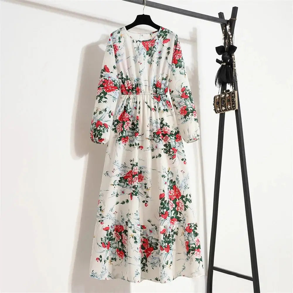 Spring Summer Women Maxi Dresses Casual Floral Printed O-neck Dress - 17 / XL